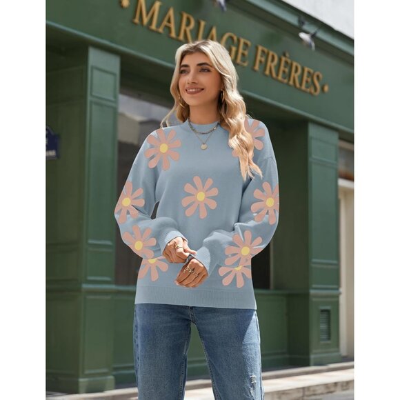 Zeagoo Women's Blue-flower Long Sleeve Pullover Ribbed Knitted Pattern Sweater - Picture 3 of 7